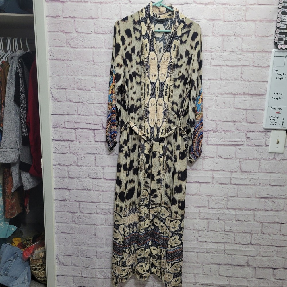 Moda Baronessa‎ 100% Silk Kimono Maxi Dress S Leopard Belted Boho Tribal Indie